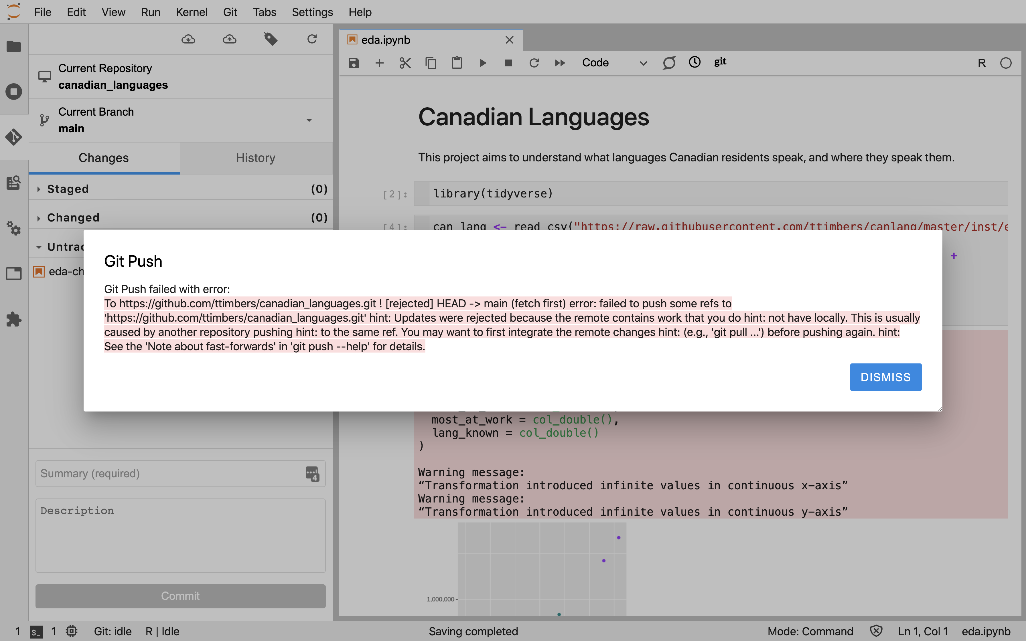 Screenshot of the Jupyter Git extension showing an error message that there are upstream changes that need to be pulled before pushing.