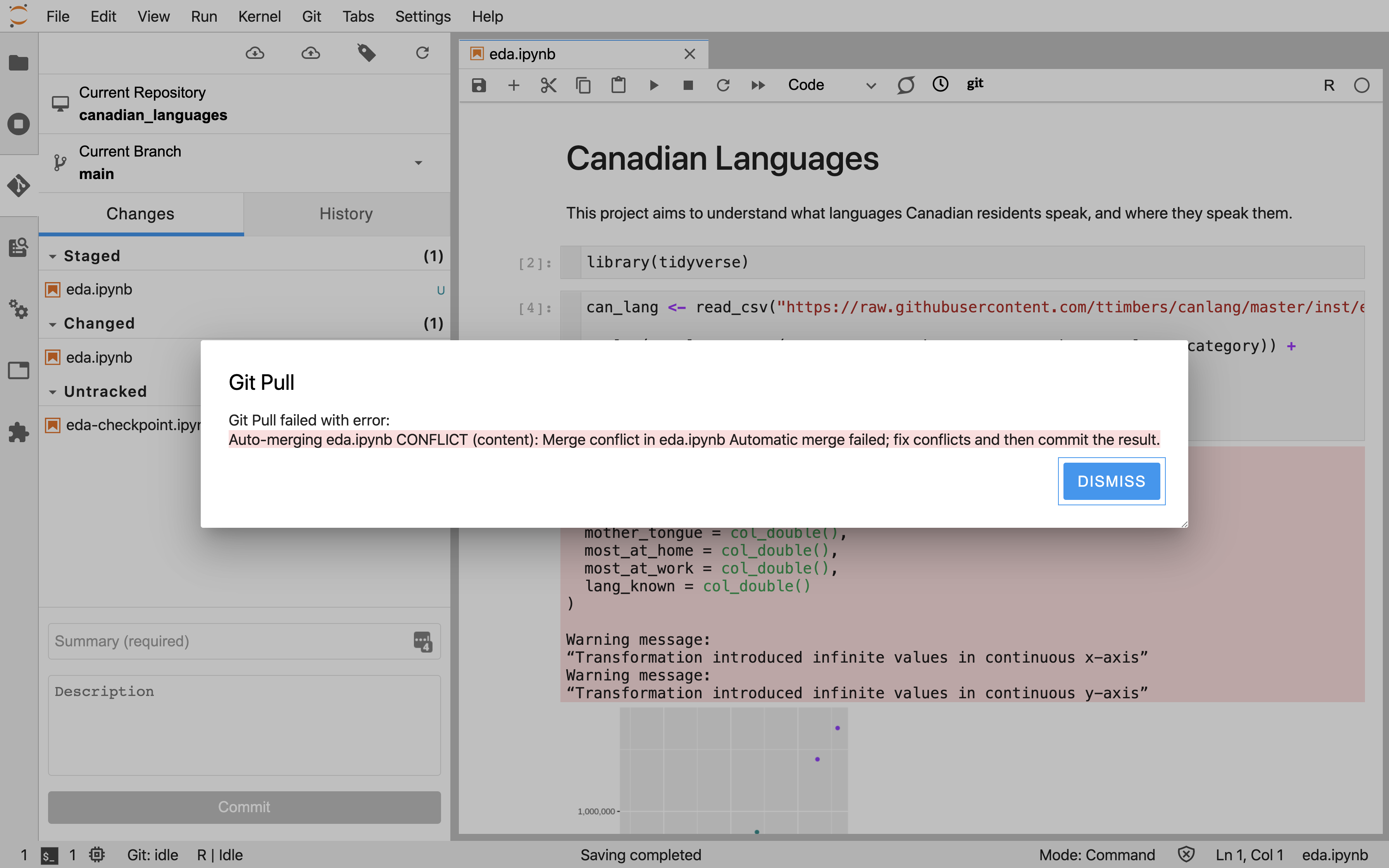 Screenshot of the Jupyter Git extension showing a merge conflict error message indicating conflicting changes in the same file.
