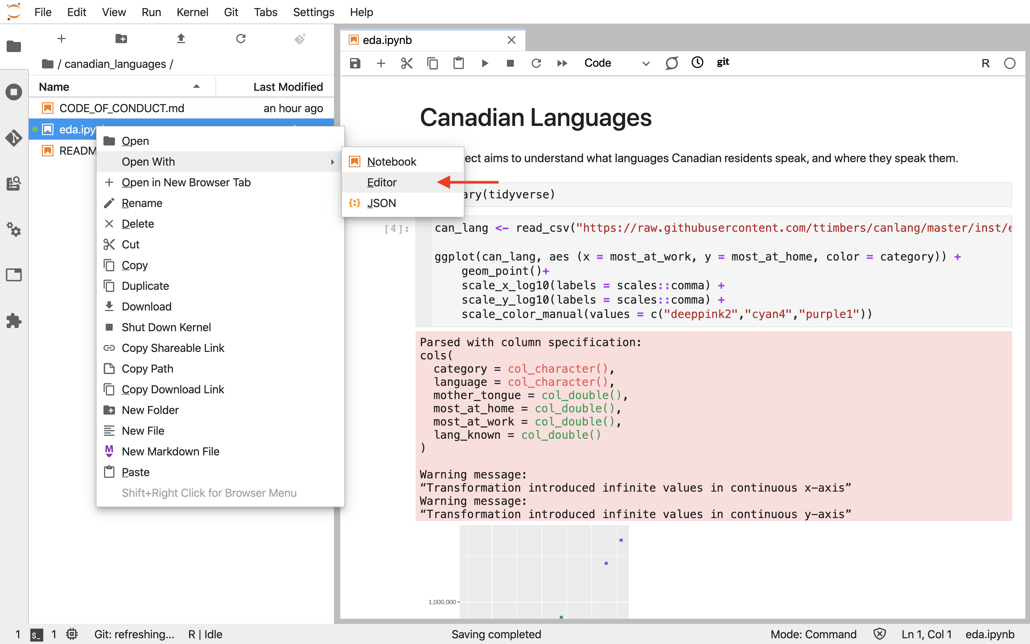 Screenshot showing how to right-click a Jupyter notebook file in the file browser and select "Open With > Editor" to view it as plain text.