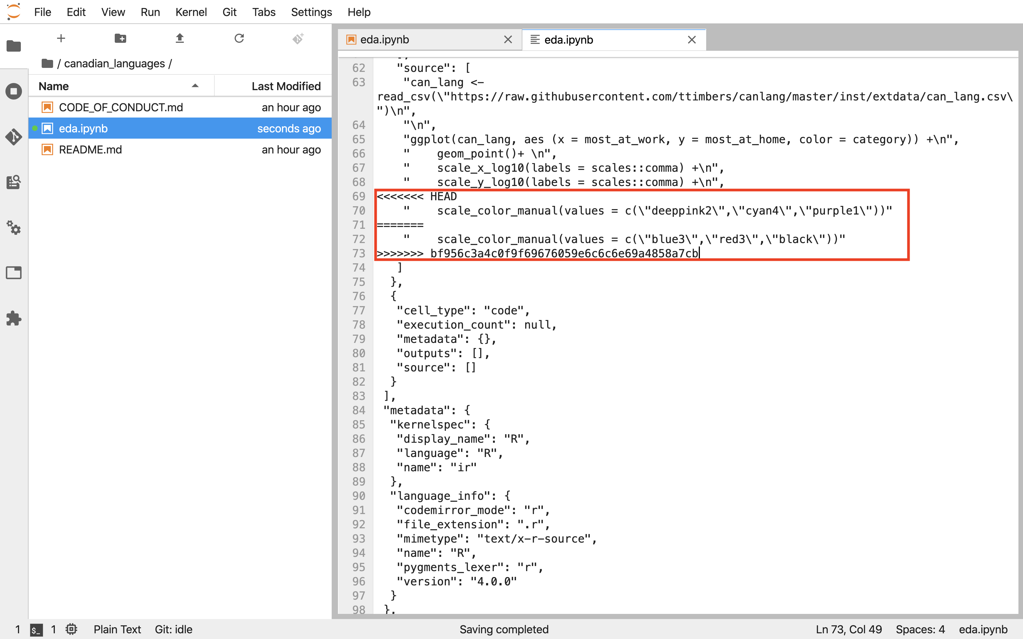 Screenshot of the plain text editor showing the Jupyter notebook with merge conflict markers at the top, middle separator, and bottom, with conflicting color values highlighted in red.