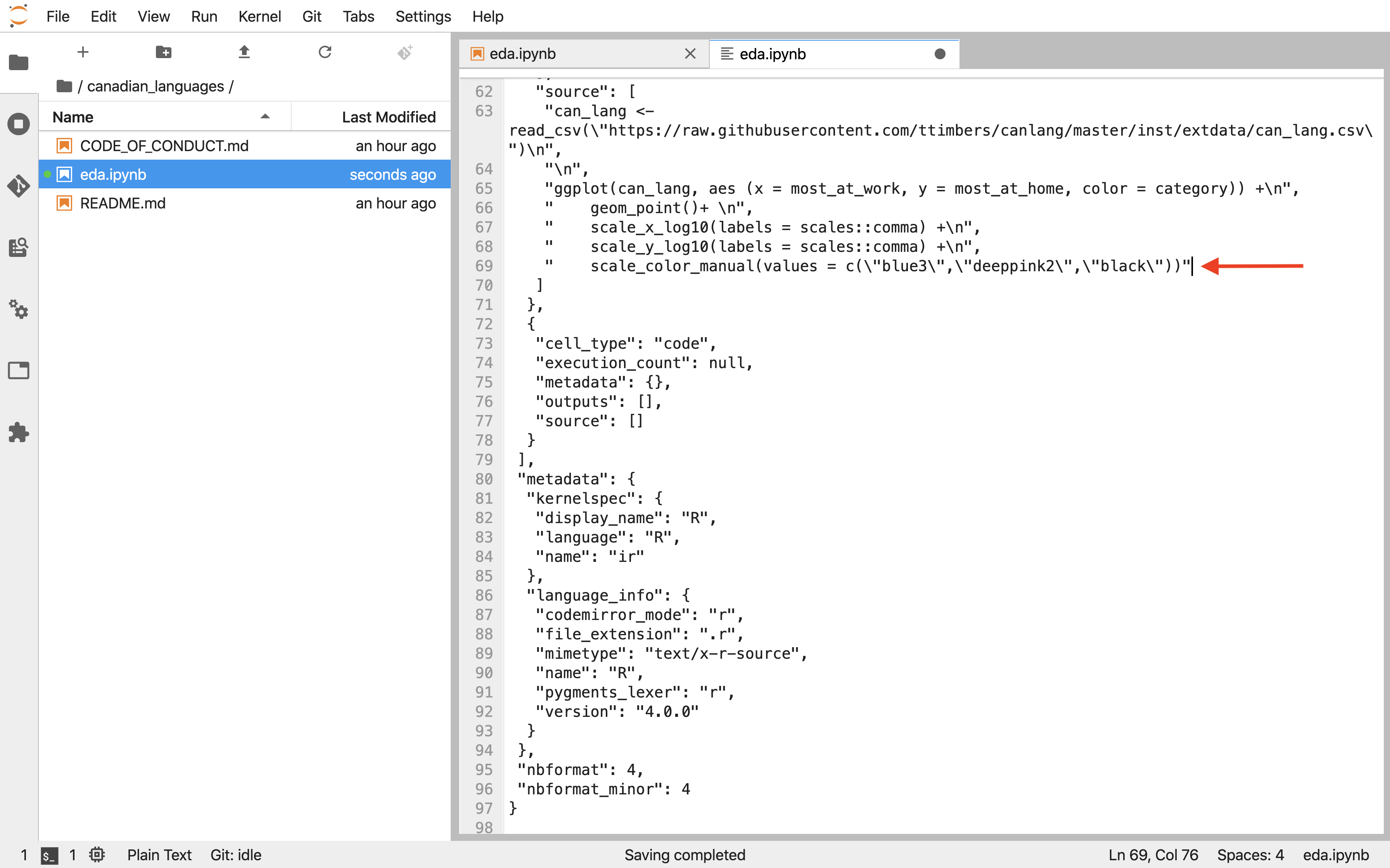 Screenshot of the plain text editor showing the Jupyter notebook after the merge conflict has been resolved, with only one version of the color values remaining and the conflict markers removed.