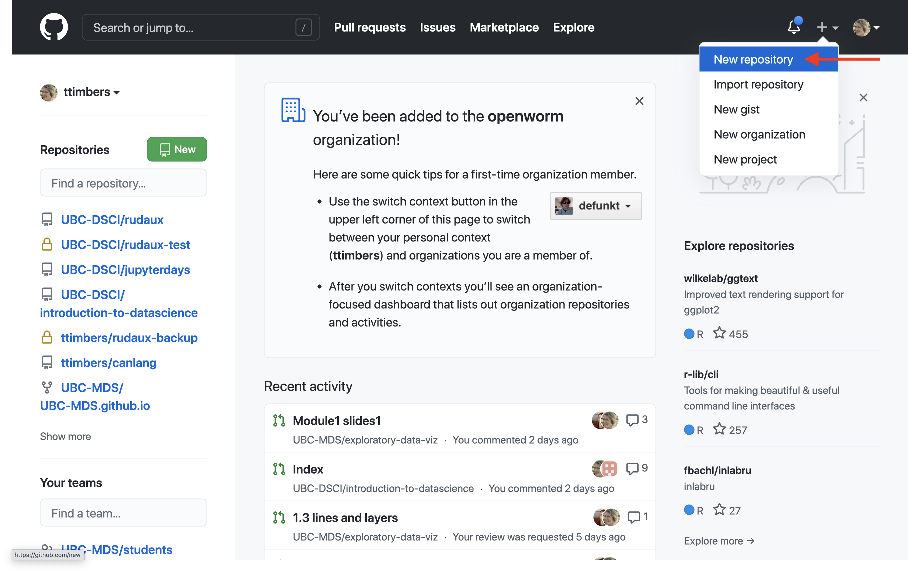 Screenshot of the GitHub interface showing the + menu in the top right corner with the "New repository" option highlighted.