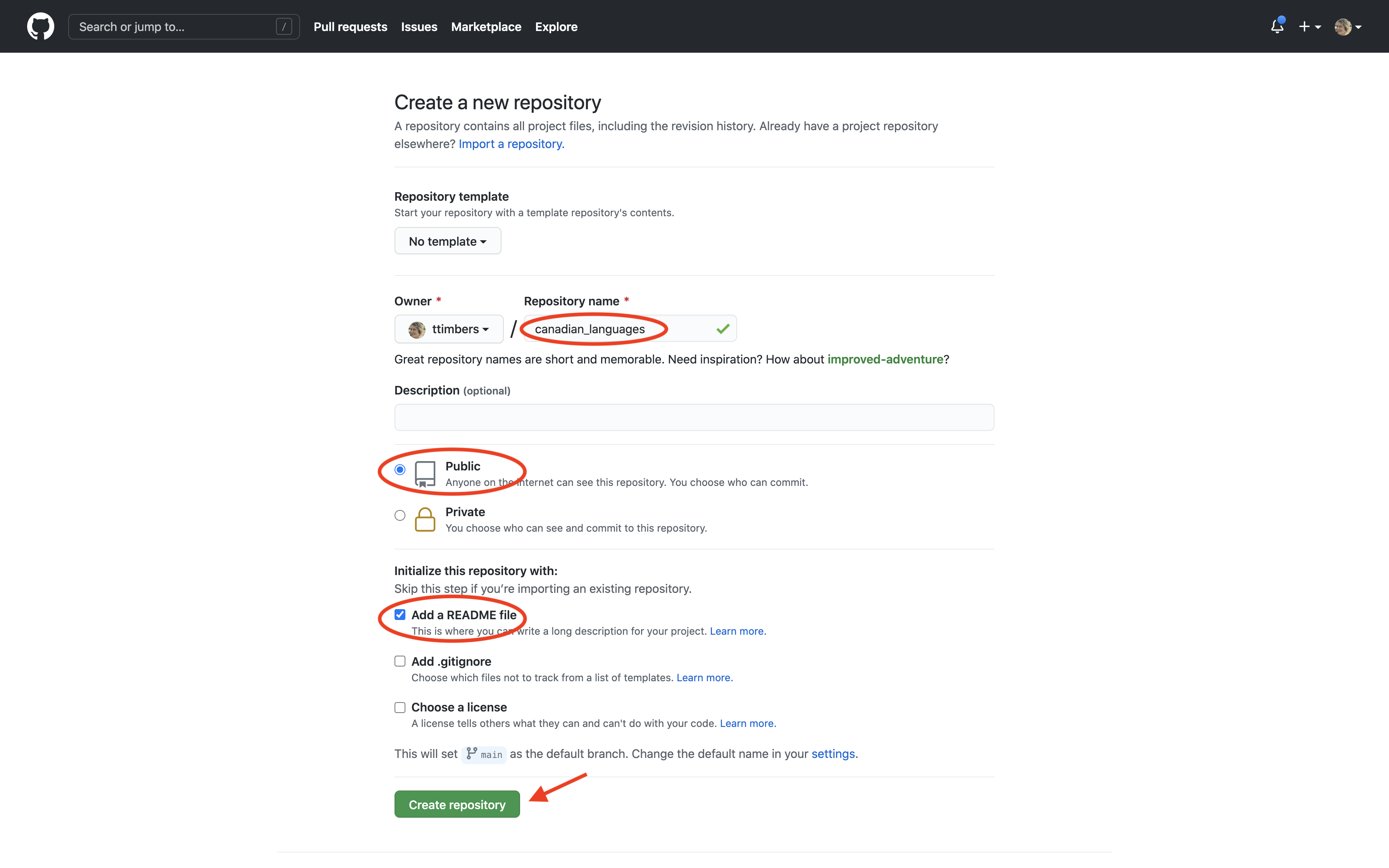 Screenshot of GitHub’s new repository creation form with fields for repository name (canadian_languages), public visibility selected, and "Add a README file" checked.