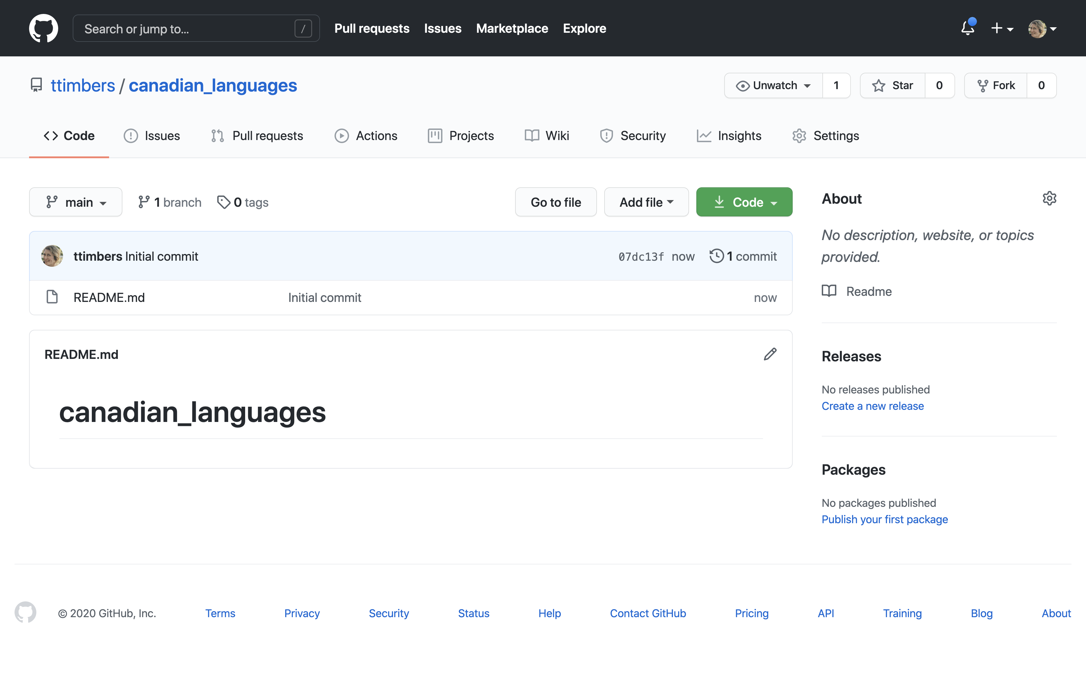 Screenshot of a newly created GitHub repository page for canadian_languages showing the initial README.md file.