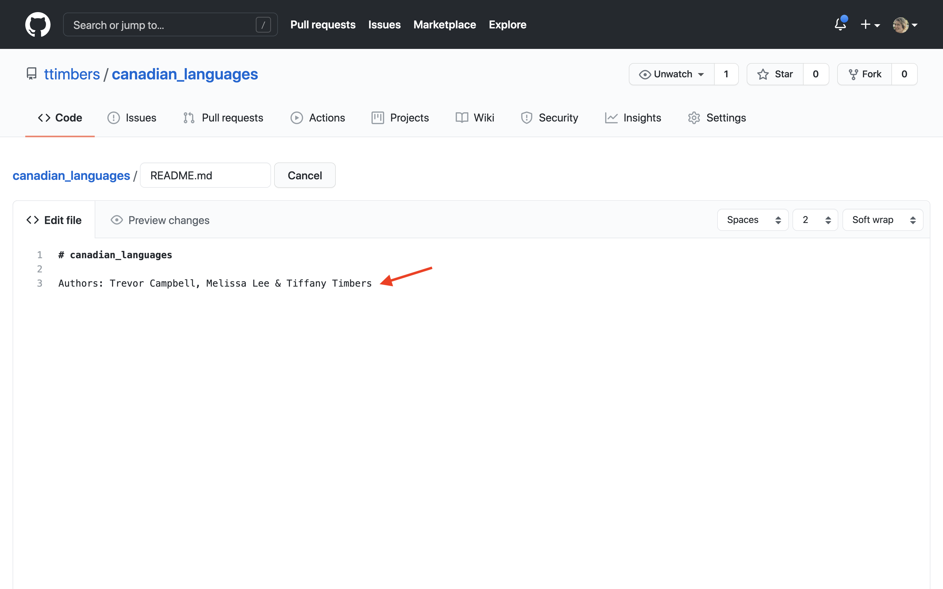 Screenshot of the GitHub file editor text box showing the README.md content being edited.