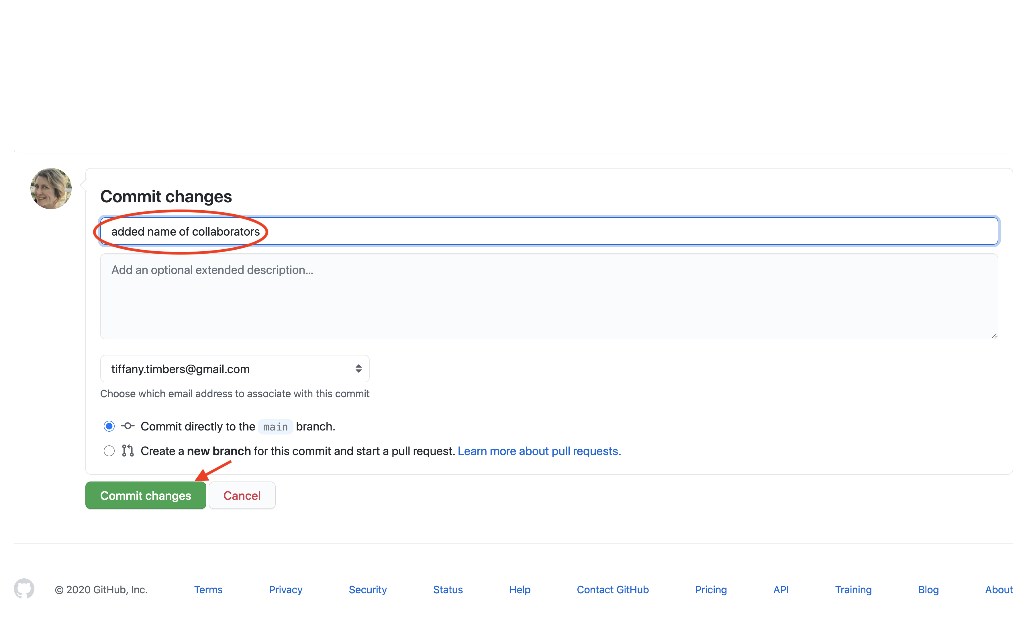Screenshot of the GitHub commit changes dialog showing the commit message field and the green "Commit changes" button.