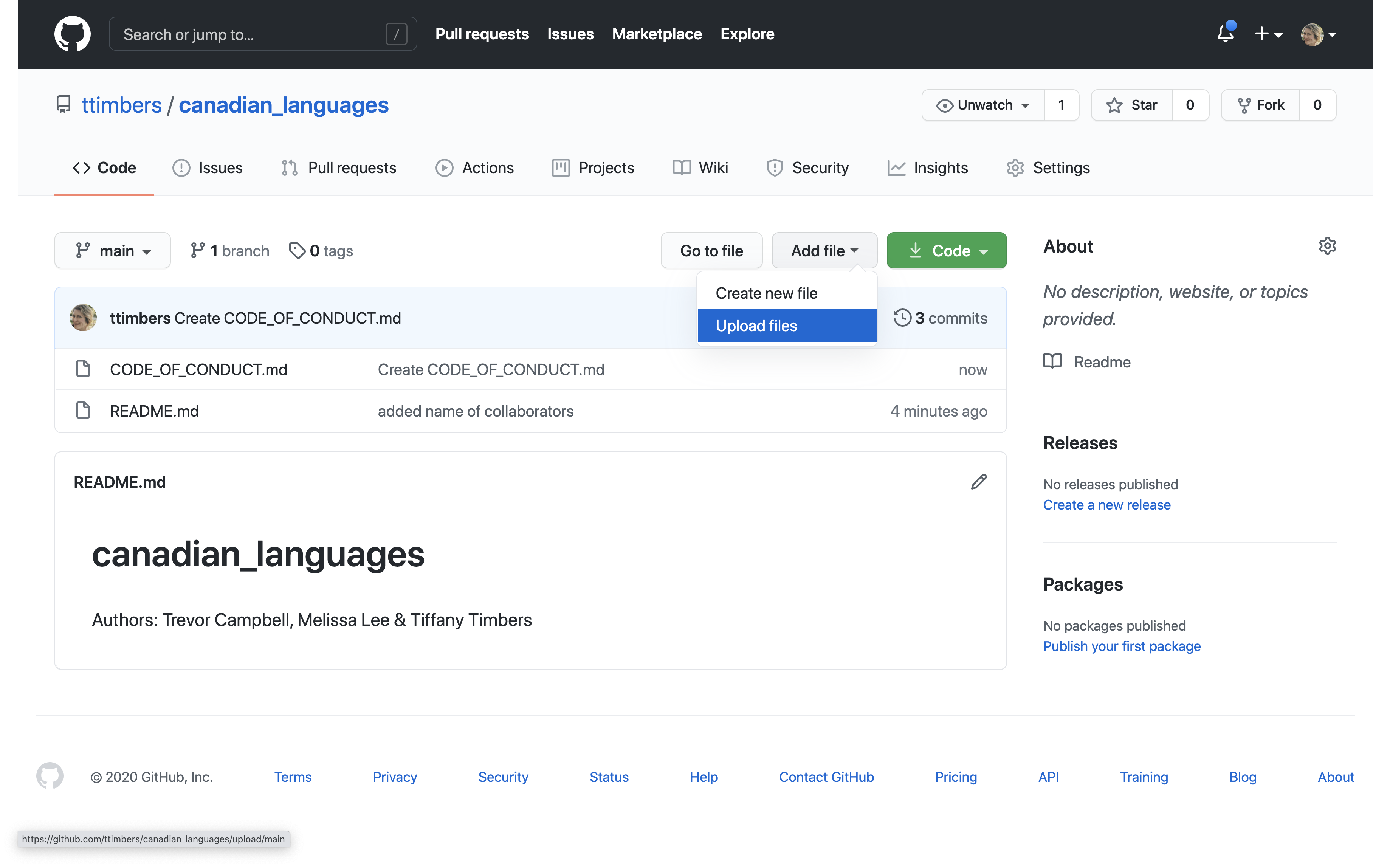 Screenshot of the GitHub repository page showing the "Add file" drop-down menu with "Upload files" highlighted.