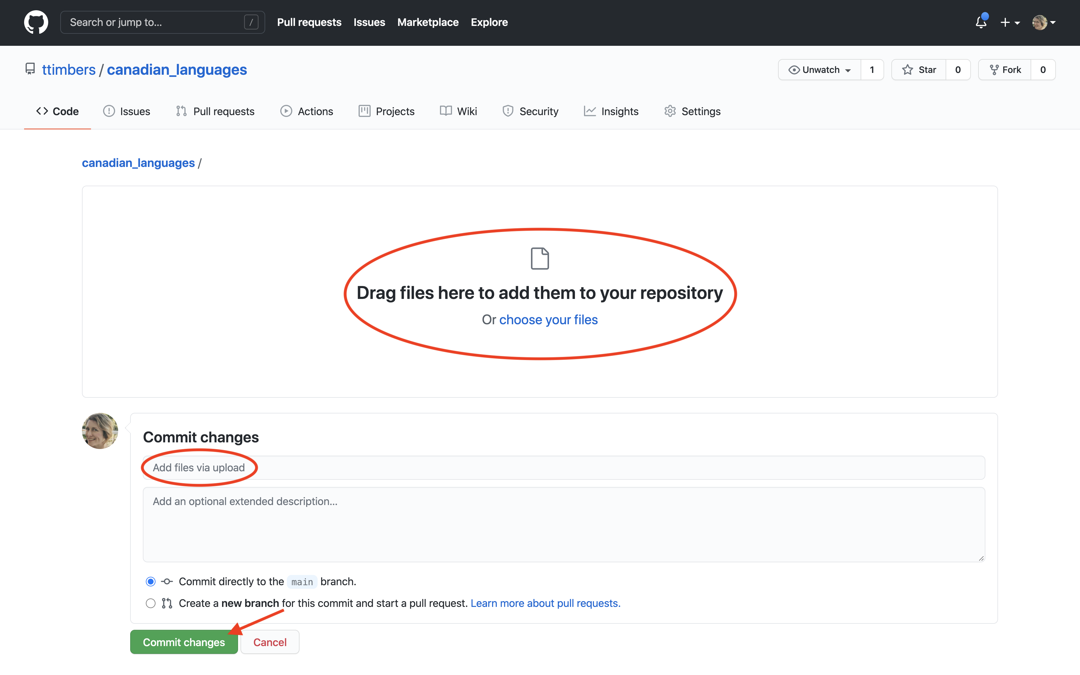 Screenshot of the GitHub file upload page showing the drag-and-drop area and the "choose your files" link, along with the commit section below.