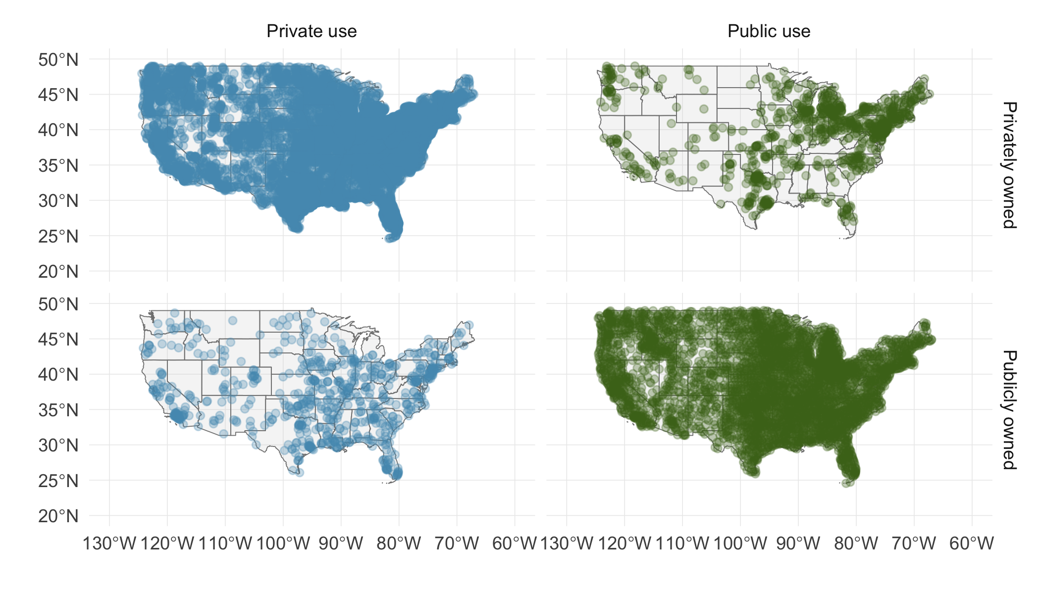 Maps showing public/private ownership and use of airports across the US.