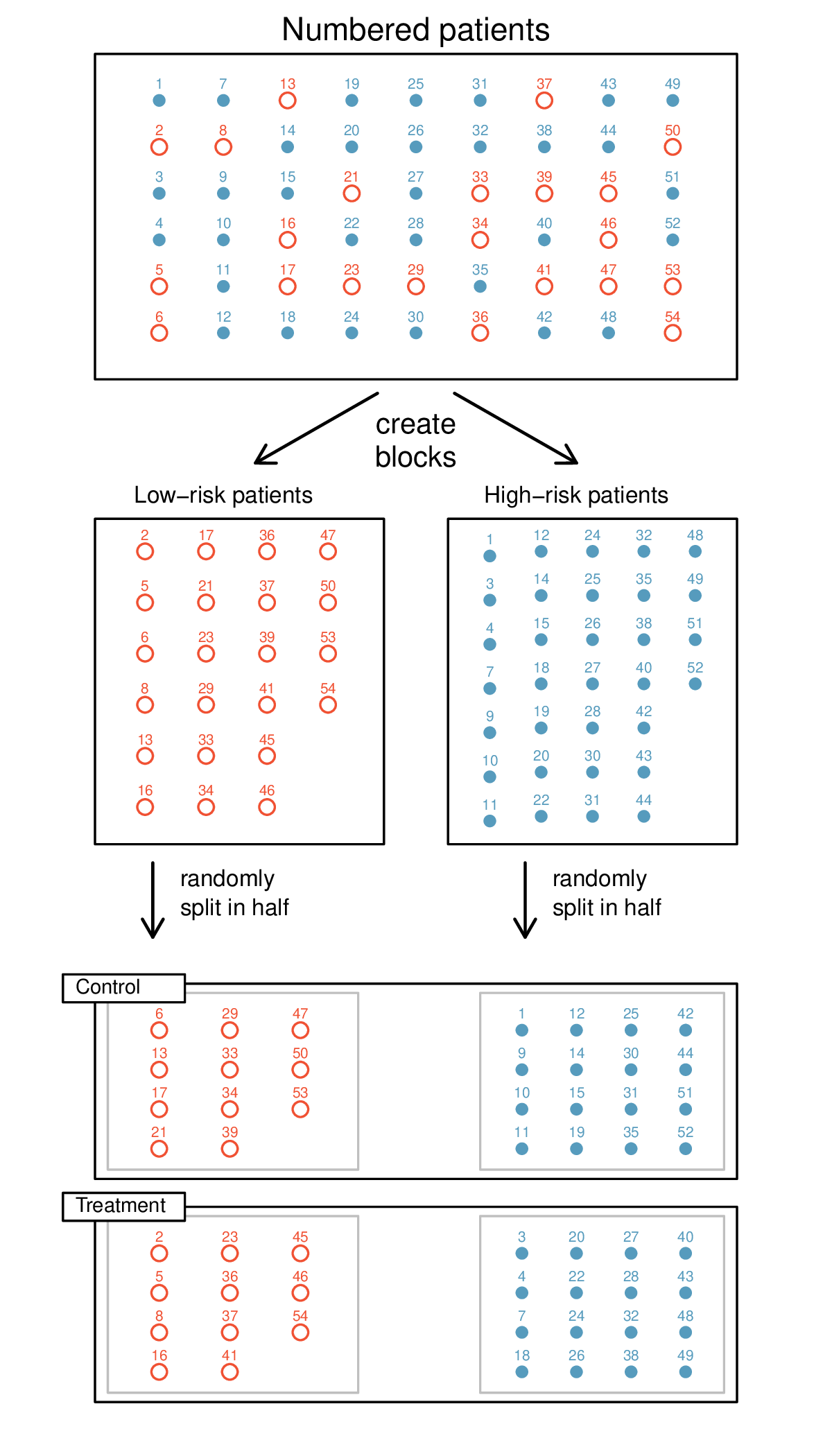 There are three main stages shown in this figure, from top to bottom. The upper stage shows the numbering of patients as a rectangle containing 54 dots in a grid that are labeled with numbers 1 through 54. The dots are one of two colors: blue (high risk) and red (low risk). The second stage shows the two colored dots broken into two blocks. On the left are the low-risk patients (red) and on the right are the high-risk patients (blue). Going into the bottom third stage, are two boxes labeled "control" and "treatment", where half of the low-risk (red) and half of the blue (high risk) points have been randomly placed into each of these two experiment groups.