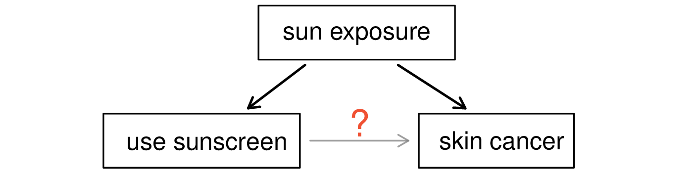 Diagram showing three boxes in a triangle: sun exposure at the top with arrows pointing to use sunscreen and skin cancer below, with a question mark on a lighter arrow between use sunscreen and skin cancer.