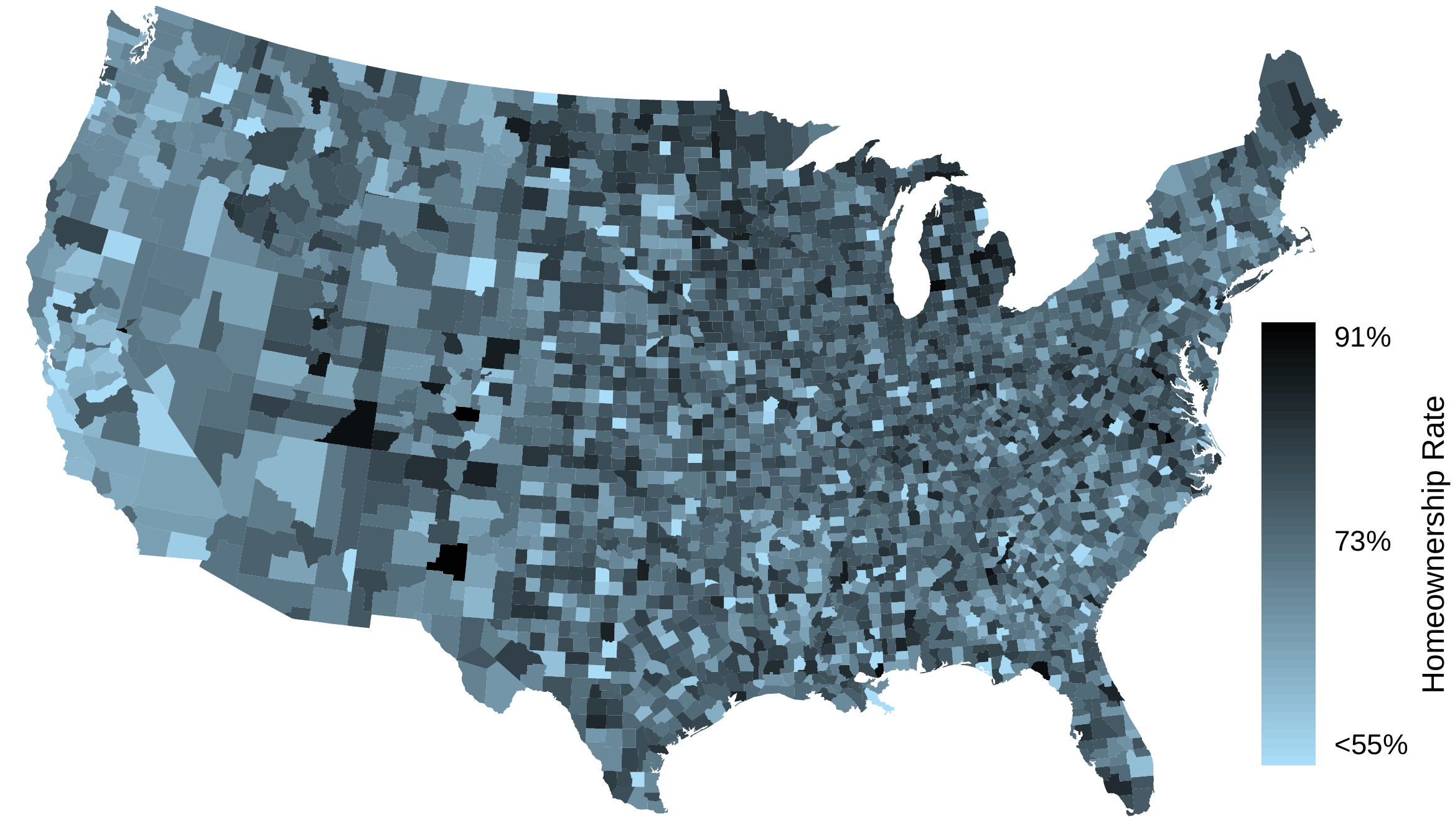 An intensity map of the United States showing the homeownership rate by county. Darker colors indicate higher homeownership rates.