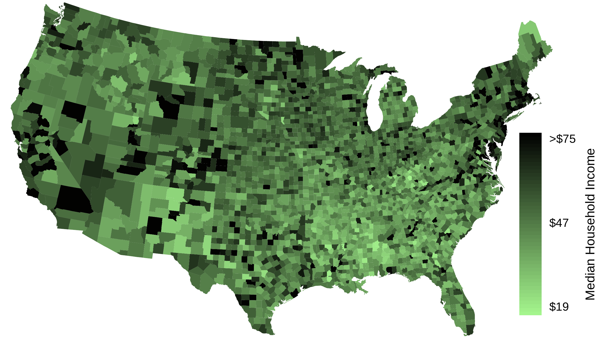 An intensity map of the United States showing the median household income by county. Darker colors indicate higher median household income. Metropolitan areas tend to show as darker spots.