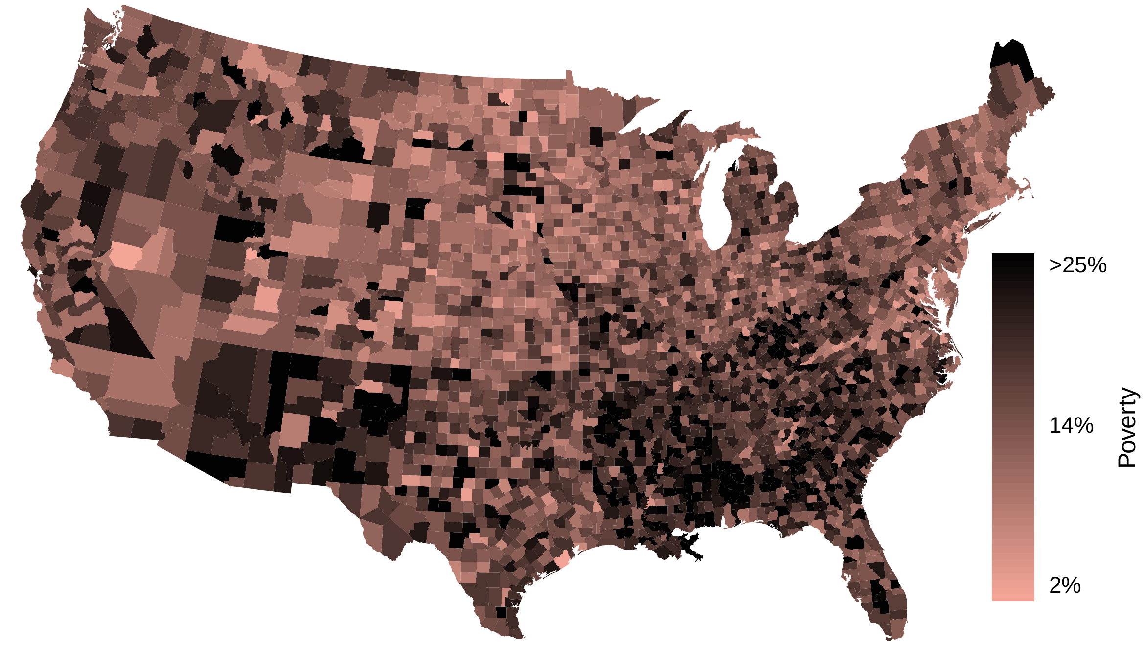 An intensity map of the United States showing the poverty rate by county. Darker colors indicate higher poverty rates. Notable patterns show higher poverty rates in the deep south, Arizona, New Mexico, and parts of Kentucky.