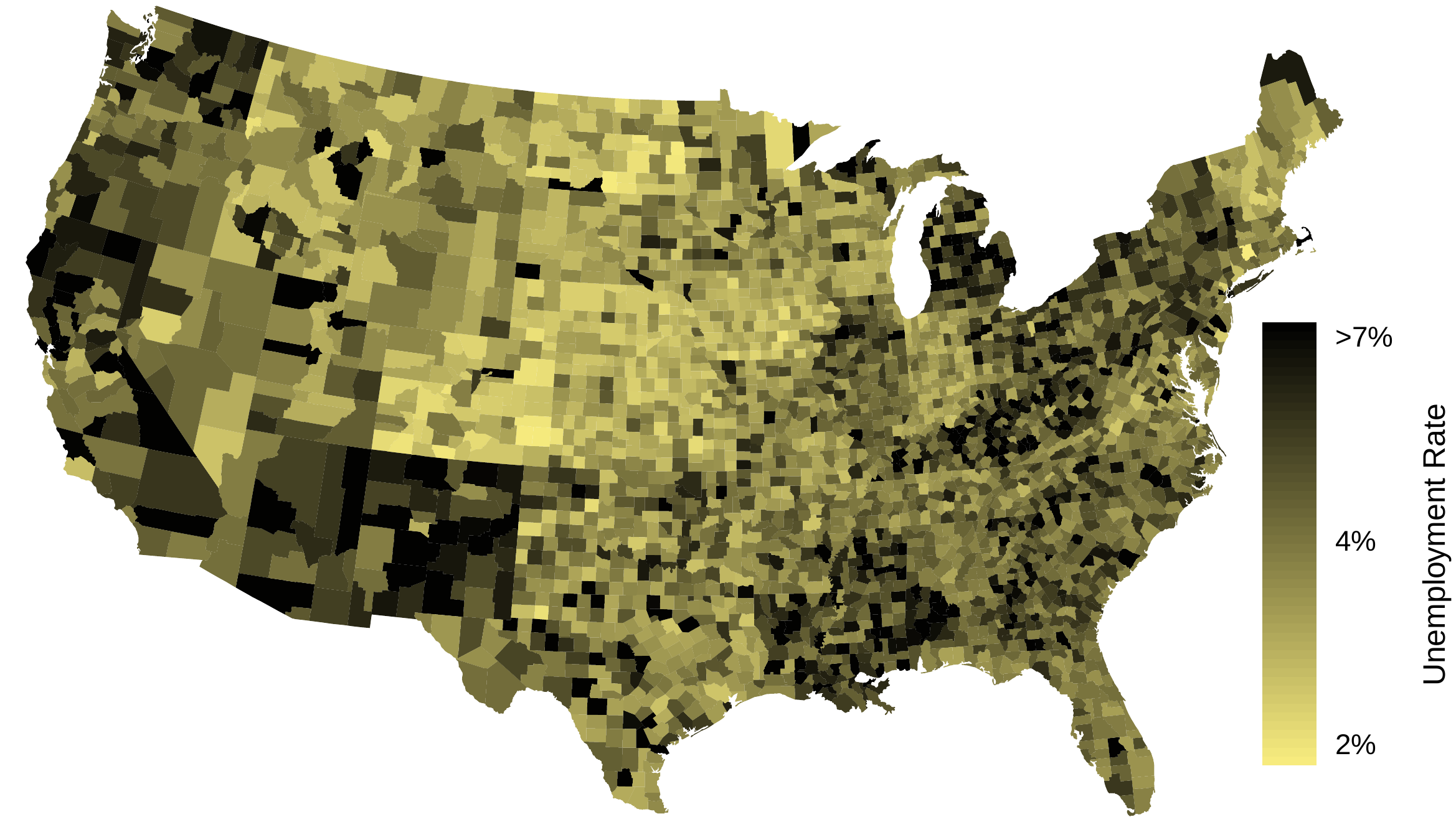 An intensity map of the United States showing the unemployment rate by county. Darker colors indicate higher unemployment rates. The pattern follows similar trends to the poverty rate map.