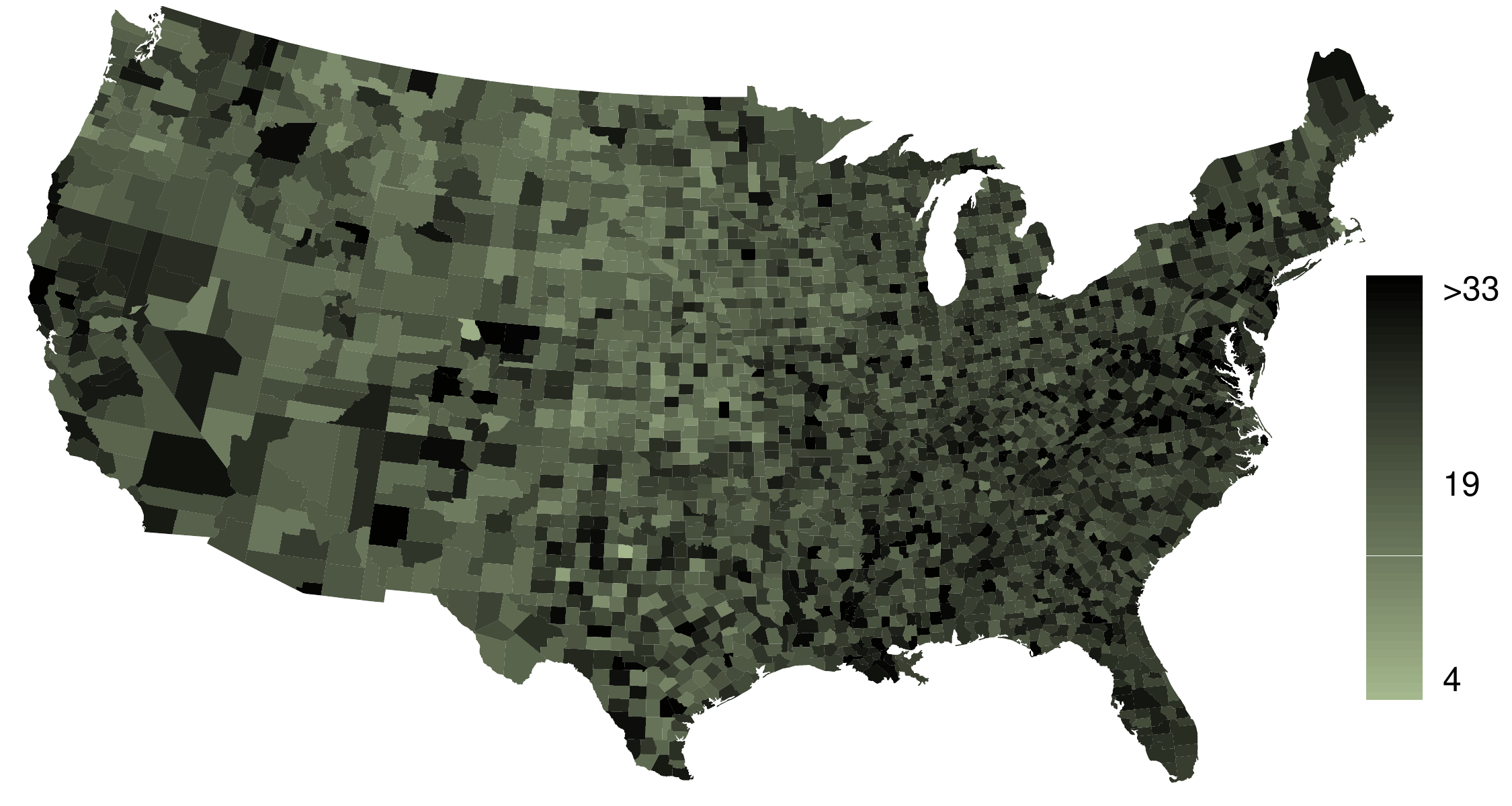 A spatial intensity map is shown of the United States. The legend for the shading runs from values of 4 to about 33. The shading for the eastern half of the country suggests slightly higher values, while the western portion of the upper midwest (North Dakota, South Dakota, and Nebraska) shows lower values. Other specific regions that show patterns of higher values than surrounding areas are in lower Florida and northern California.