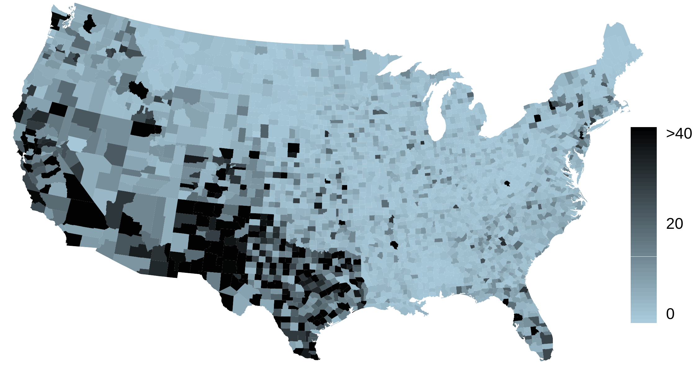 A spatial intensity map is shown of the United States. The legend for the shading runs from values of 0% to a peak of "greater than 40%". A large portion of the eastern and central portion of the country -- east of Texas, east of Colorado, east of Utah, and east of Idaho -- is shaded mostly with values below 10%. Florida is an exception to this rule, where a handful of counties show higher values. Higher values are particularly prominent in Texas, New Mexico, Arizona, and California, which mostly shows shading for values of at least 20%. Nevada, Idaho, Oregon, and Washington shows values averaging around 10-20%.