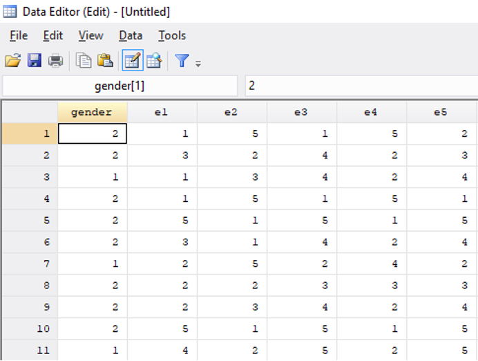 Dataset screenshot showing variables e1 through e10 representing extroversion questions