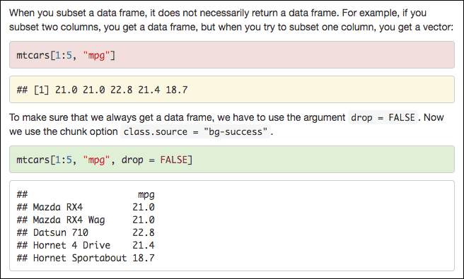 Screenshot of R code chunks with Bootstrap background colors bg-danger and bg-warning applied.