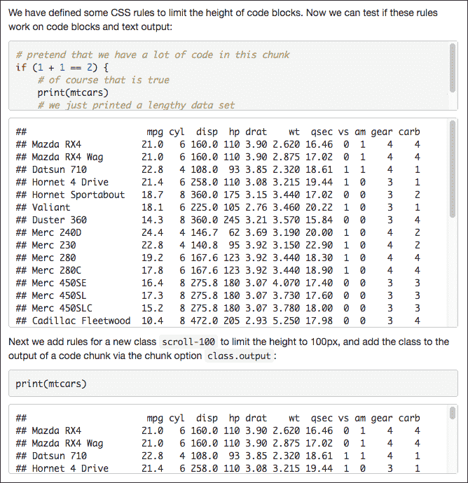 Screenshot of HTML output with scrollable code blocks constrained to a fixed height.