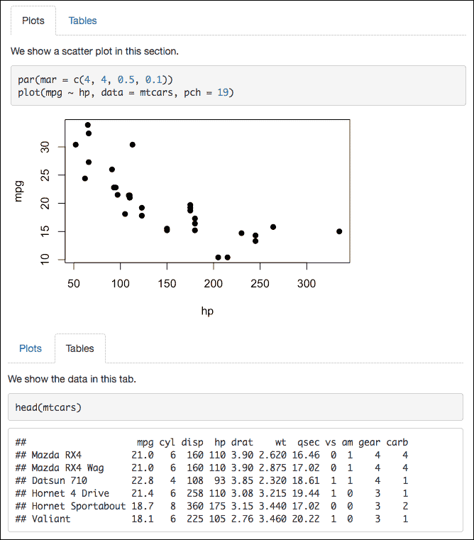 Screenshot of HTML output with two tabs — Plots and Tables — showing tabbed content organization.