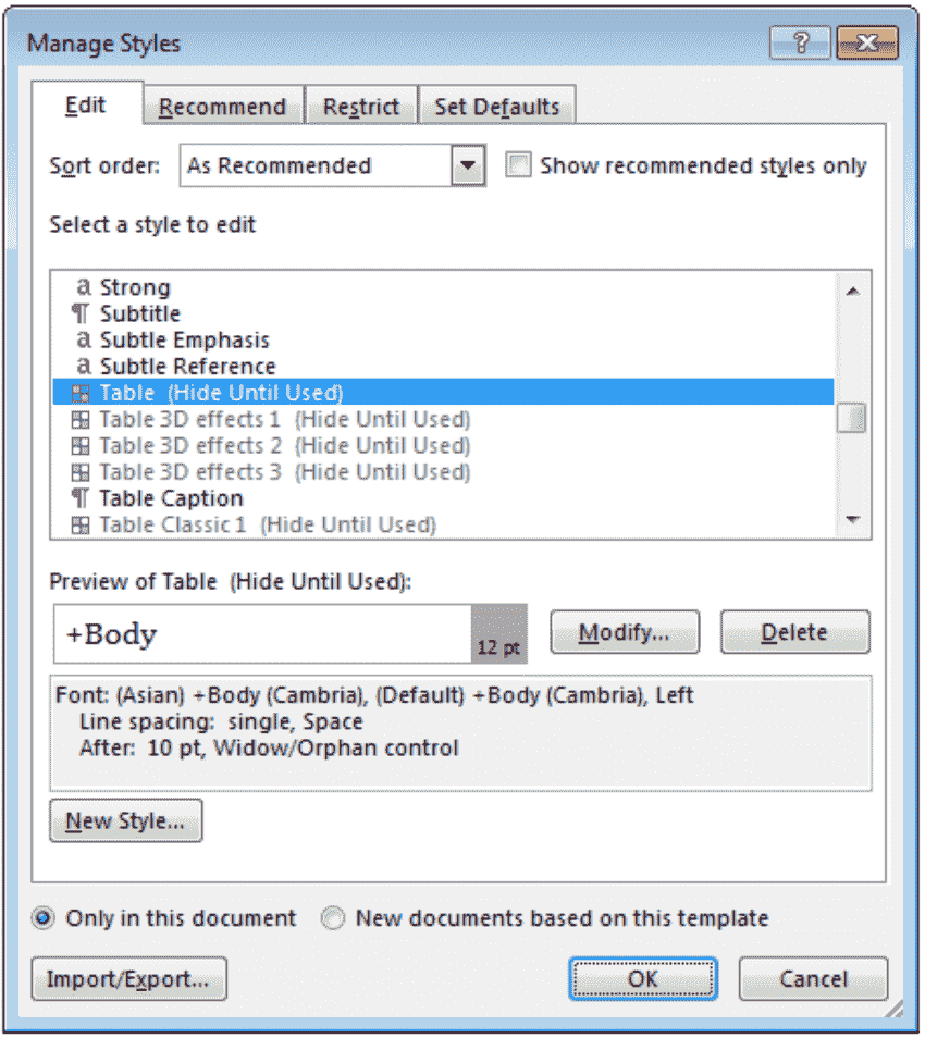 Screenshot of the Word Manage Styles dialog showing the Table style selected for modification.
