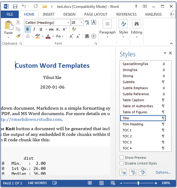Screenshot of the Word Styles panel open on the HOME tab, with a style item highlighted for the element under the cursor.