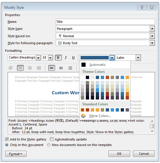 Screenshot of the Word Modify Style dialog box used to change the formatting of a named style.