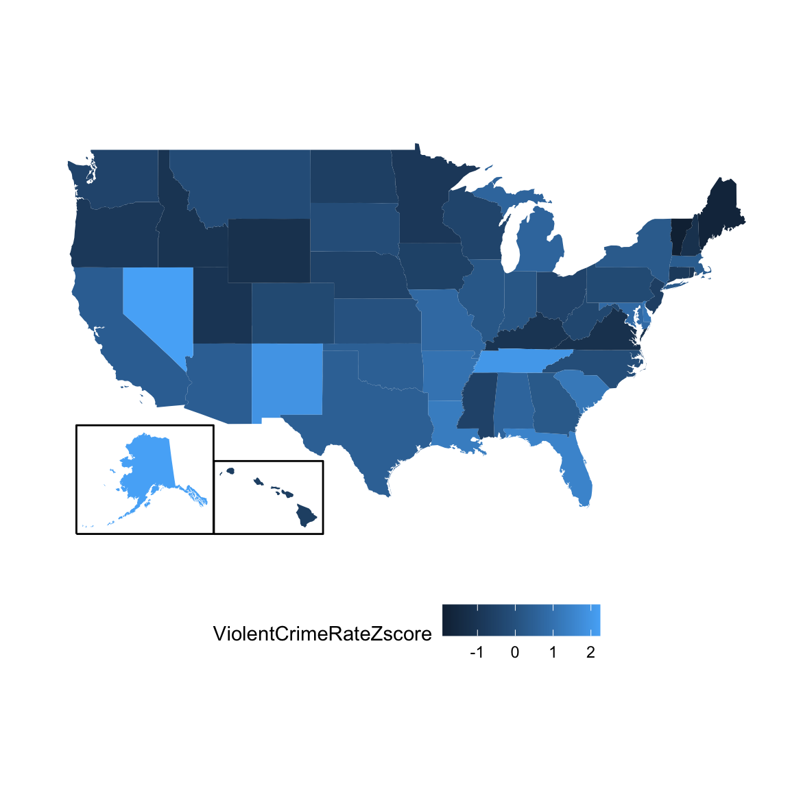 A US map with states colored according to Z-scored crime rates, showing which states are above or below the mean.