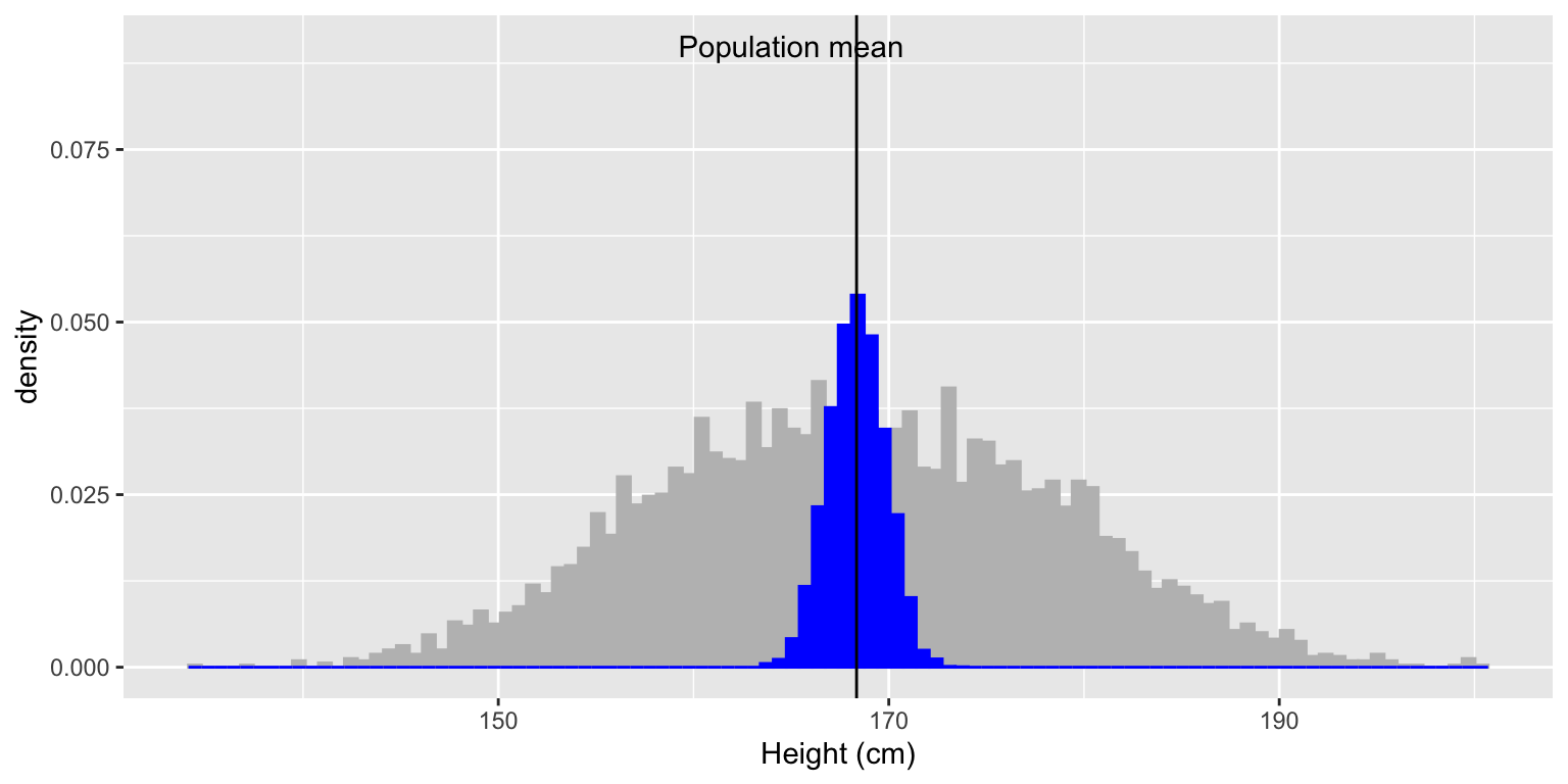 A histogram showing two distributions: the gray histogram shows the distribution of height in the full NHANES adult dataset, while the blue histogram shows the sampling distribution of the mean over 5000 random samples of size 50. The sampling distribution is much narrower than the population distribution and is centered around the population mean, shown by a vertical line at 168.35 cm.