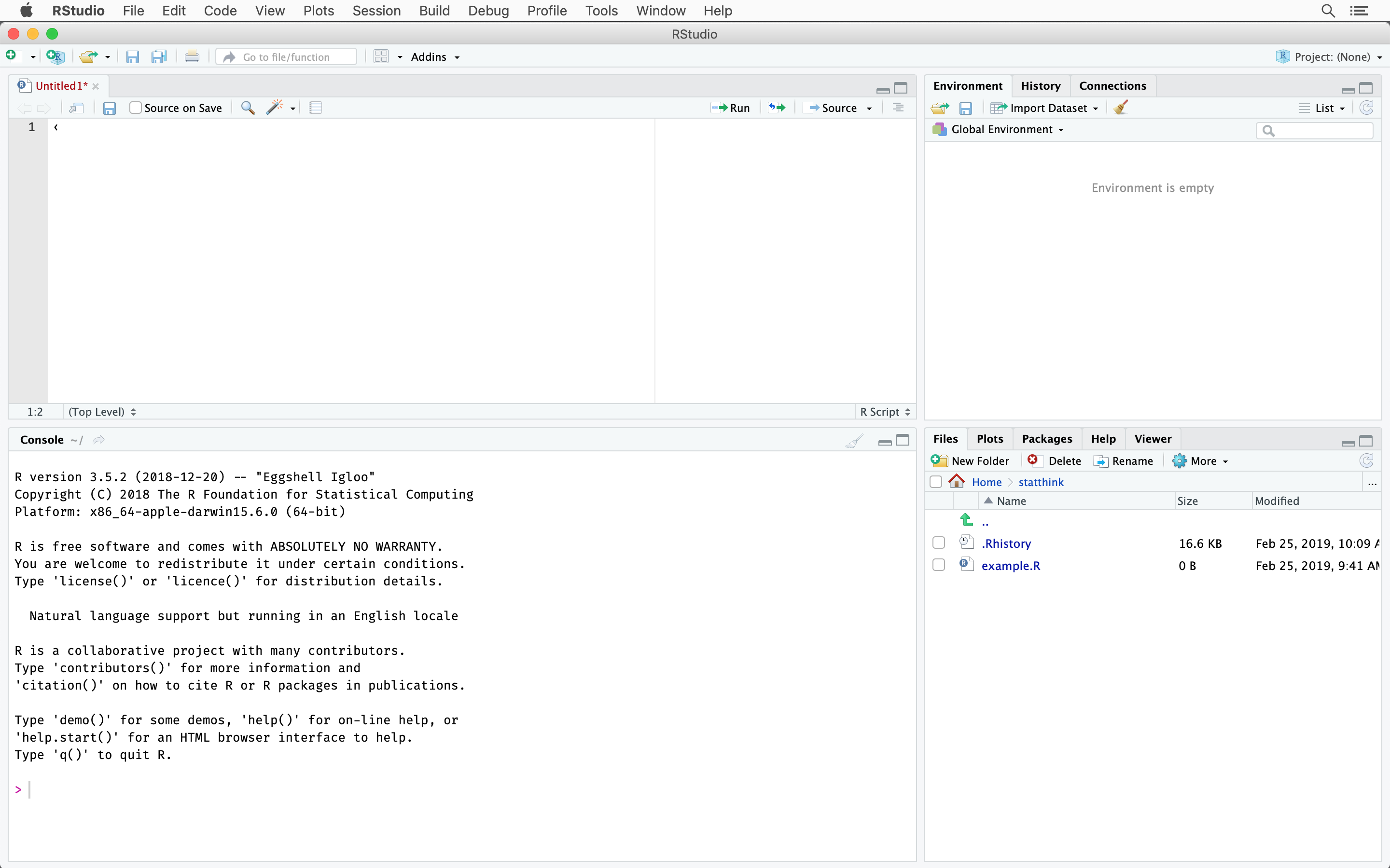 Screenshot of the RStudio interface showing four panels: the top-left panel is the editor, the bottom-left panel shows the R-Console, and the two right panels show the R-environment, history, file browser, plot panel and help viewer among others.